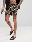 Siksilk Swim Shorts In Black With Gold Baroque Print - Black