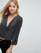 Nobody's Child Tie Front Blouse In Metallic - Silver