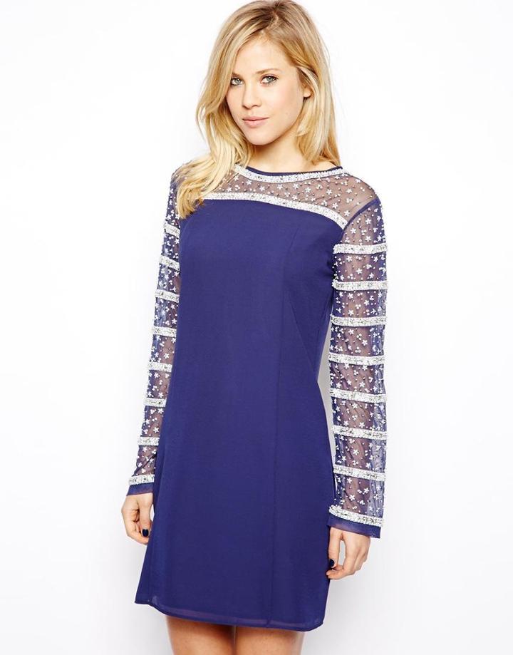 Asos Daisy Embellished Shift Dress - Navy