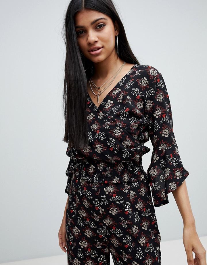 Ax Paris Wrap Front Printed Blouse - Black