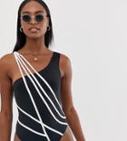 Asos Design Tall Contrast Mono Lattice Swimsuit - Black