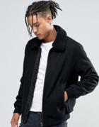 Asos Wool Mix Bomber Jacket With Fleece Collar In Black - Black