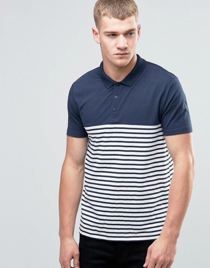 Asos Breton Stripe Polo Shirt In Navy - Navy