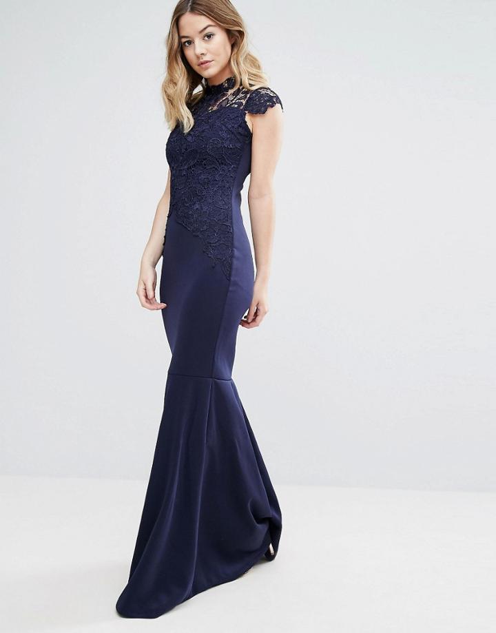 Club L High Neck Crochet Detailed Scuba Fishtail Maxi Dress - Navy