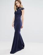 Club L High Neck Crochet Detailed Scuba Fishtail Maxi Dress - Navy