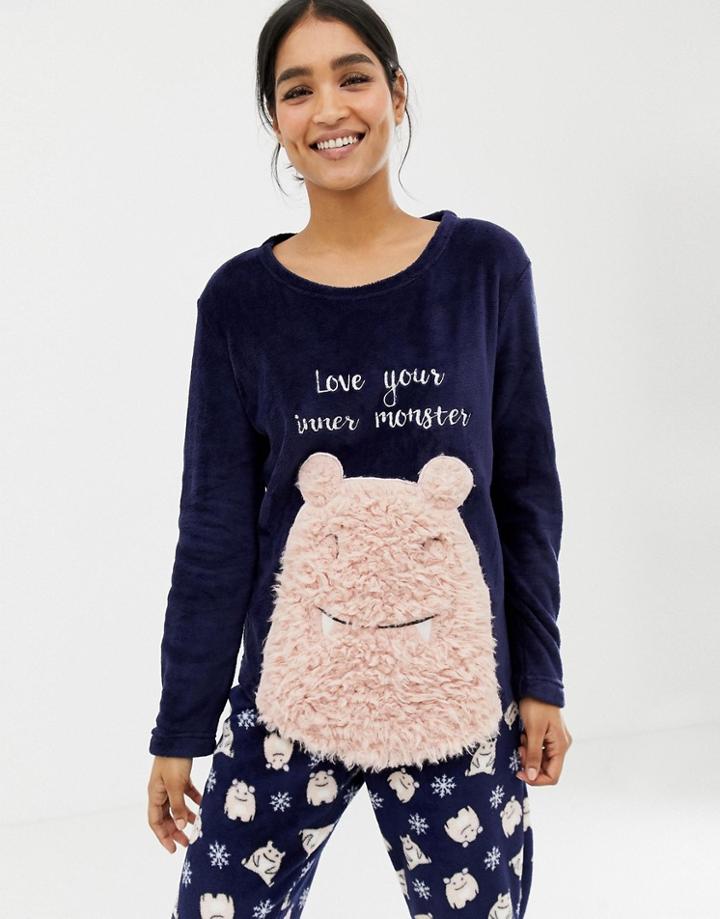 Hunkemoller Fleece Monster Pyjama Sweater In Navy - Black