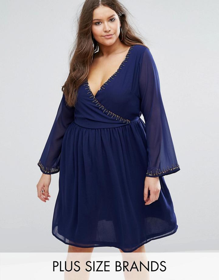 Koko Plus Skater Dress With Beaded Neckline - Navy