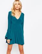 Love Plunge Front Mini Skater Dress With Fluted Sleeve - Teal