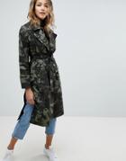 Missguided Camo Belted Coat - Blue