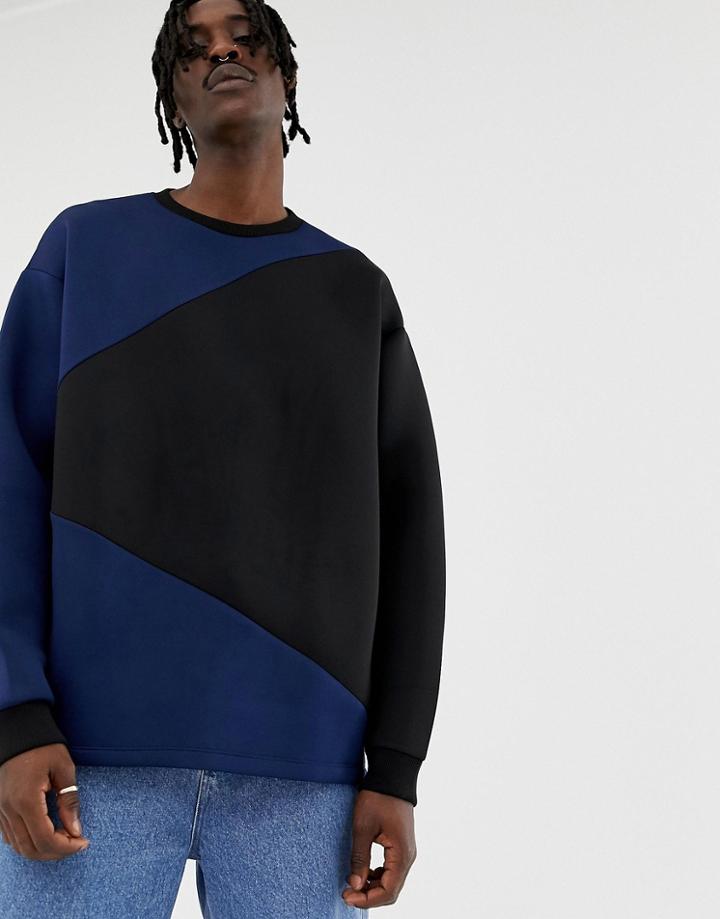 Asos Design Oversized Sweatshirt In Scuba With Color Blocking-blue