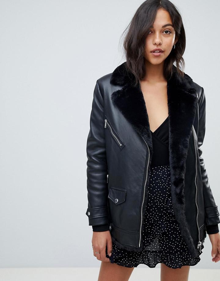 Lab Leather Longline Biker Jacket With Faux Fur Internal And Collar - Black