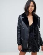 Lab Leather Longline Biker Jacket With Faux Fur Internal And Collar - Black