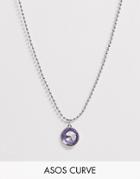 Asos Design Curve Necklace With Crystal Gem Pendant And Ball Chain In Silver Tone - Silver