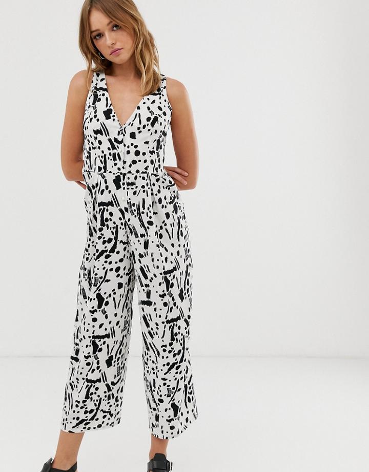 Asos Design Jumpsuit With Tie Back Detail In Mono Abstract Print - Multi