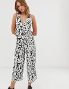 Asos Design Jumpsuit With Tie Back Detail In Mono Abstract Print - Multi