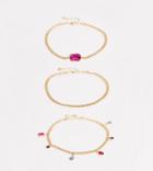 Asos Design Curve Pack Of 3 Anklets With Colorful Jewel Drops In Gold Tone