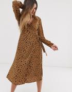 Pieces Abstract Print Wrap Midi Dress-beige