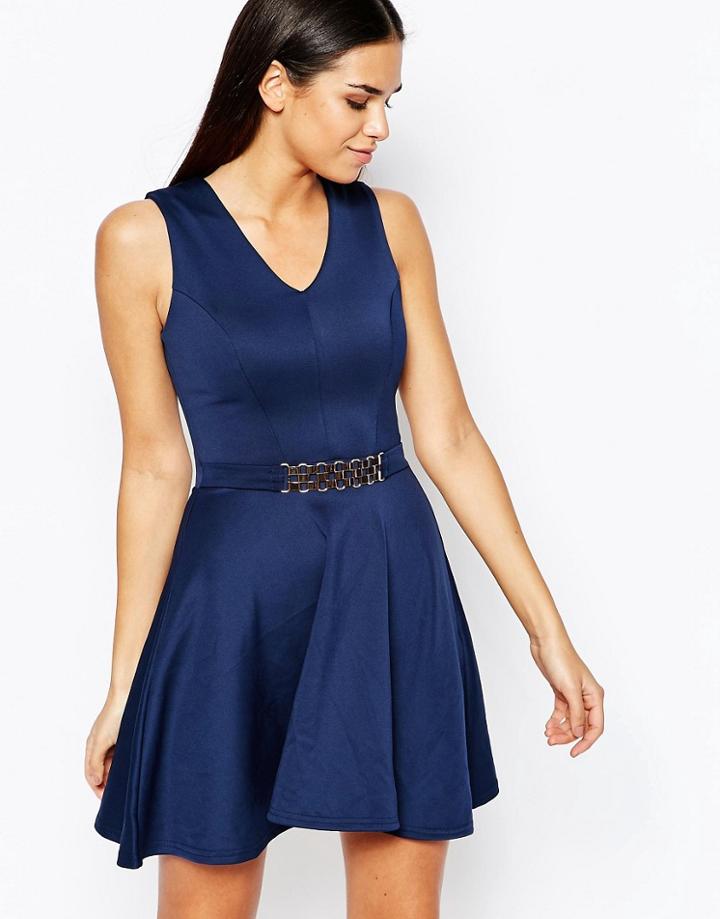 Club L Skater Dress With Hardware Belt - Navy