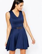 Club L Skater Dress With Hardware Belt - Navy
