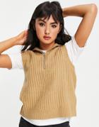 Pieces Knitted Sweater Vest With Half Zip In Beige-neutral