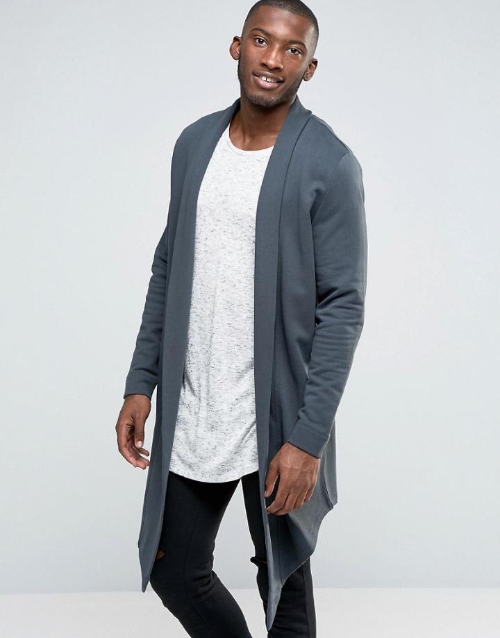 Asos Longline Waterfall Cardigan In Reverse Loopback - Green