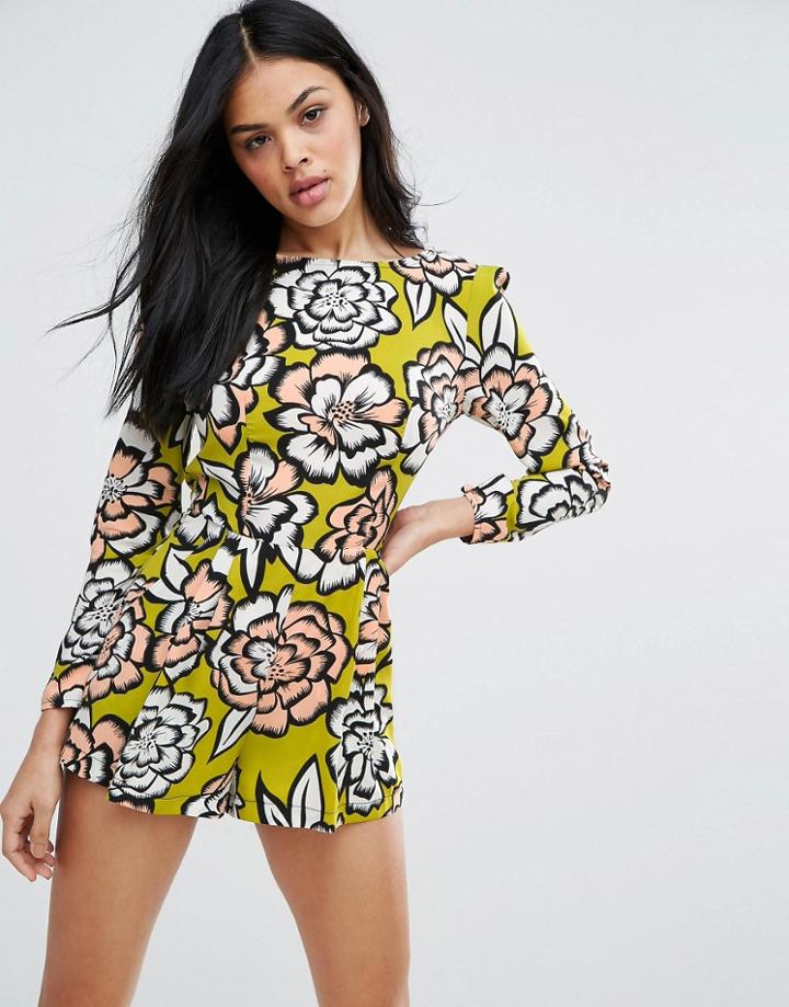 Love Long Sleeve Romper In Floral Print - Multi