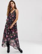 Religion Cami Midi Dress With Sheer Floral Layer-black