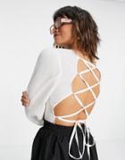 Asos Design Linen Long Sleeve Top With Strappy Back In Ivory-white