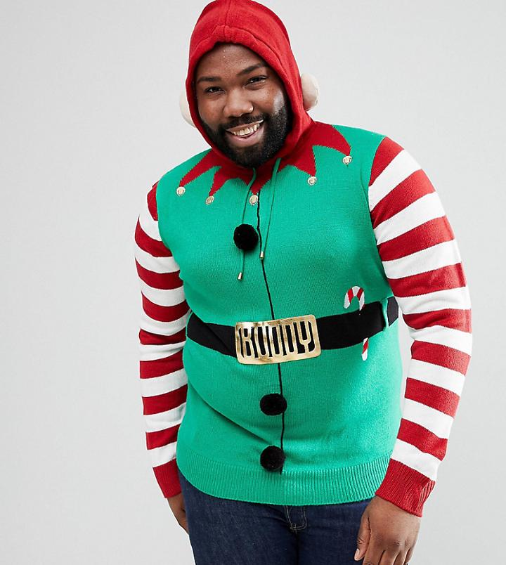 Brave Soul Plus Holidays Hooded Elf Sweater With Bells - Green