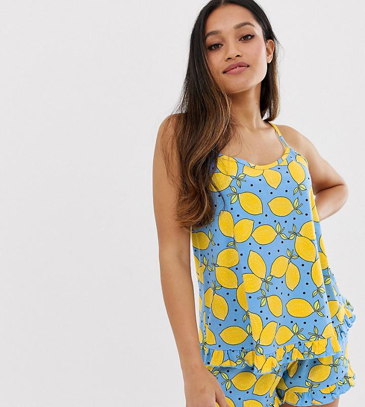 Asos Design Petite Lemon Frill Pyjama Short Set-multi
