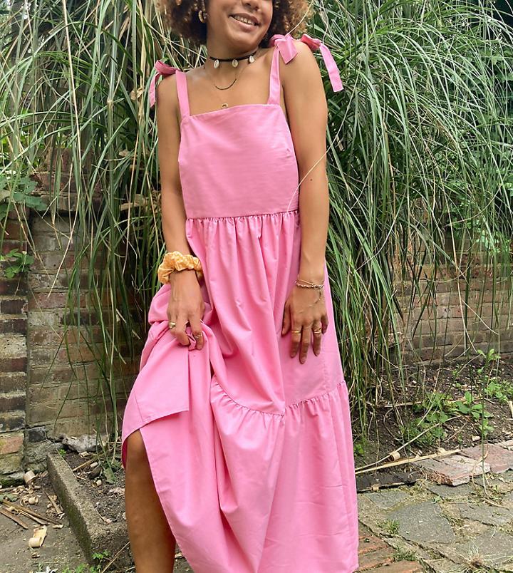 Stradivarius Tiered Poplin Midi Dress With Bunny Ties In Pink
