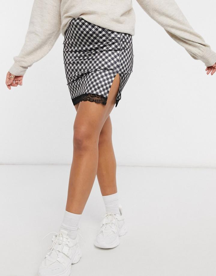 Motel Mini A-line Skirt In Houndstooth Print With Thigh Split And Lace Trim-multi