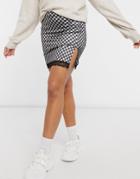 Motel Mini A-line Skirt In Houndstooth Print With Thigh Split And Lace Trim-multi