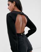 Asos Design Denim Open Back Button Top In Black - Black