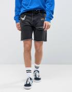 Asos Denim Shorts In Slim Black With Badges And Rip - Black