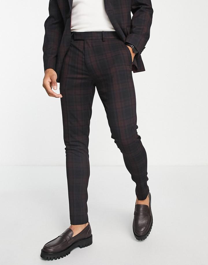 Asos Design Super Skinny Suit Pants In Burgundy And Black Tartan-red
