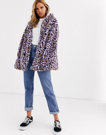 Daisy Street Oversized Hoodie In Bright Leopard Faux Fur-purple
