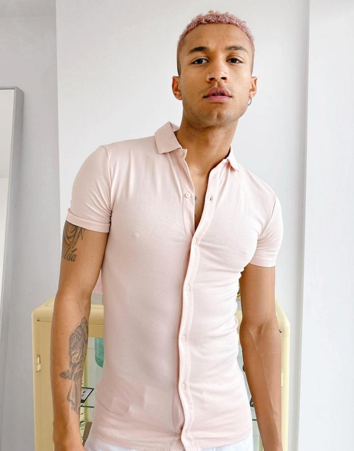 Asos Design Organic Button Through Jersey Shirt In Washed Peach-pink