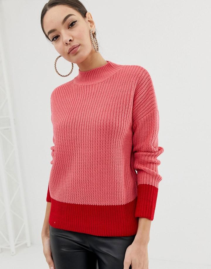 Lipsy Roll Neck Sweater With Fluted Sleeve In Color Block - Multi