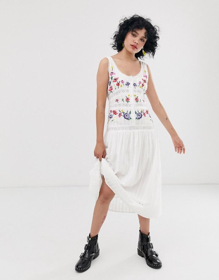 Asos Design Embroidered Sleeveless Lace Insert Midi Dress With Drop Waist - White