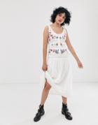 Asos Design Embroidered Sleeveless Lace Insert Midi Dress With Drop Waist - White