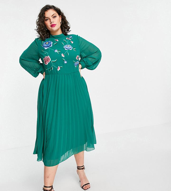 Asos Design Curve High Neck Pleated Long Sleeve Skate Midi Dress With Embroidery In Forest Green
