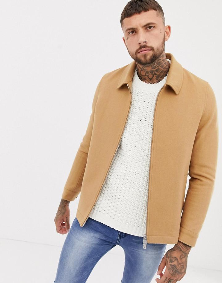 Asos Design Wool Mix Zip Through Jacket In Camel - Tan