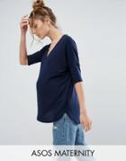 Asos Maternity Oversized T-shirt With V Neck And Dip Back In Rib - Navy