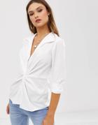 Asos Design Long Sleeve Plunge Shirt With Knot Front In Cotton Poplin - White