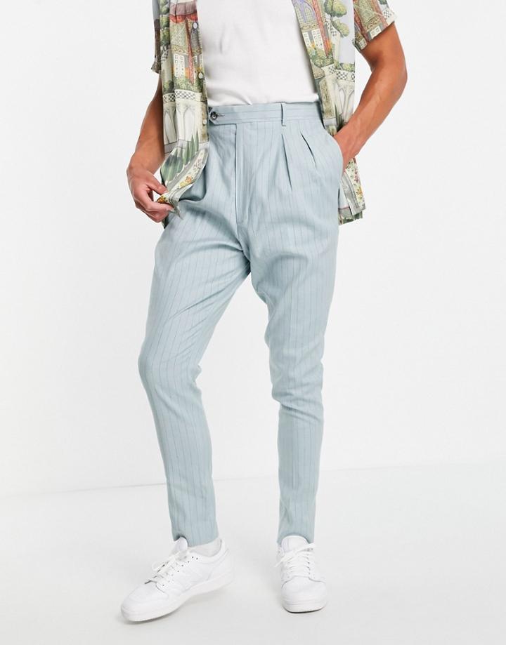 Asos Design High Waist Slim Smart Pants In Mint Pin Stripe Linen-green