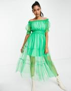 River Island Bardot Mesh Tiered Midi Dress In Bright Green