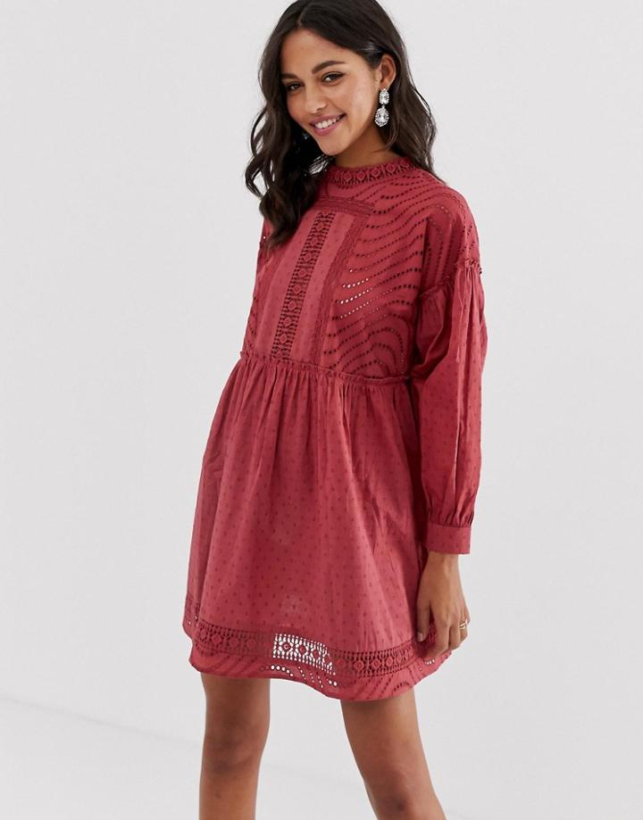 Asos Design Dobby High Neck Mini Smock Dress With Lace Trims - Red