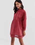 Asos Design Dobby High Neck Mini Smock Dress With Lace Trims - Red