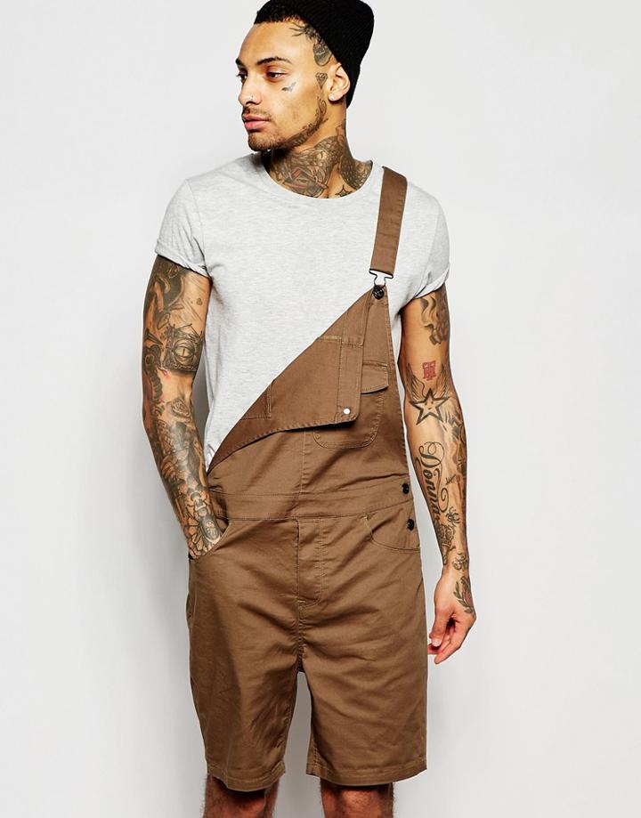 Asos Short Overalls In Khaki Twill - Khaki